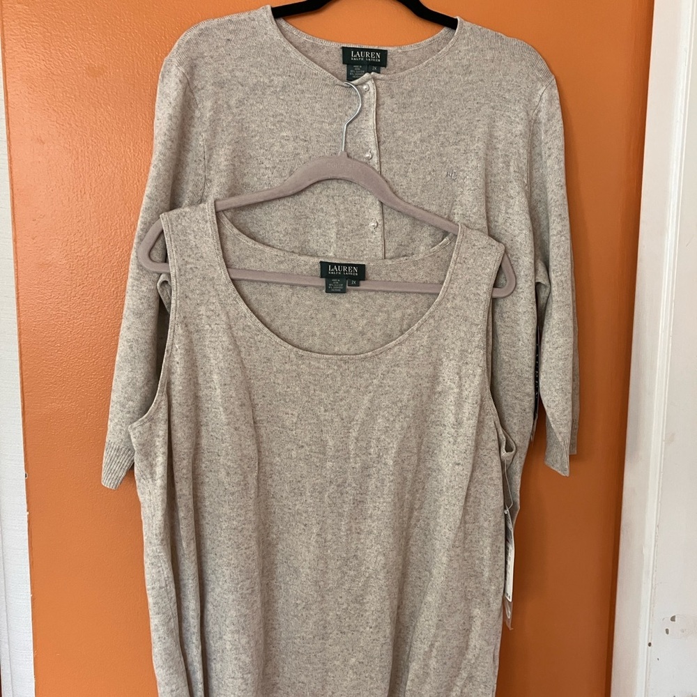 Lauren Ralph Lauren Taupe Knit Sweater & Tank Set Silk & Cashmere Blend NWT 2X